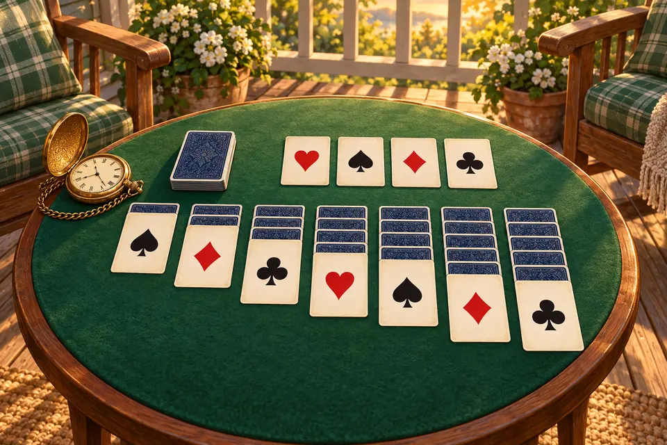 A game of Klondike Solitaire in progress on a green felt table, with columns of overlapping cards and four foundation piles