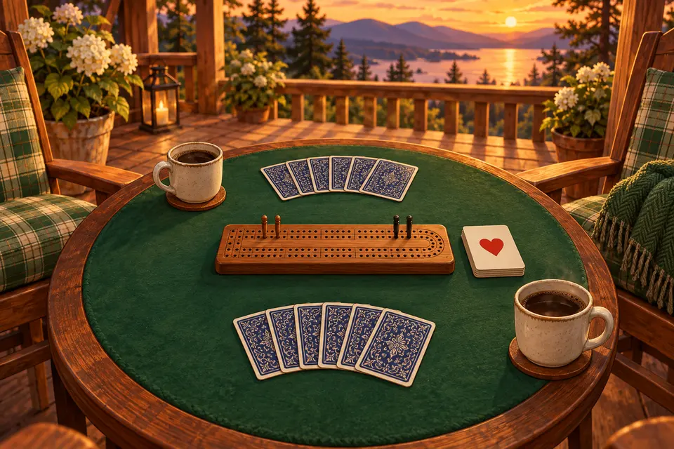 A two-player card game on a green felt table, with two hands of cards facing each other, a cribbage board and a small discard pile between them