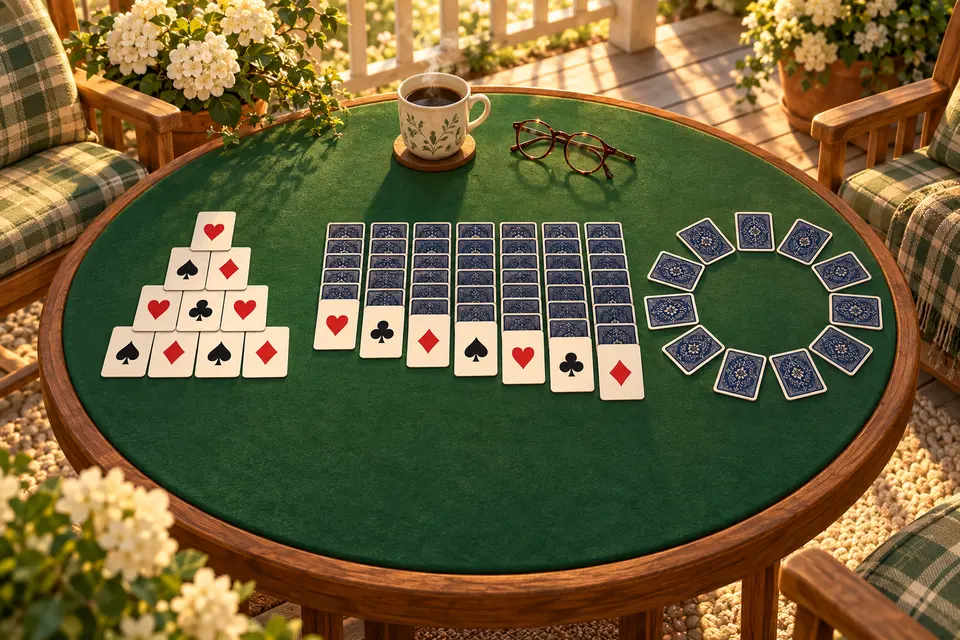 Several solitaire layouts on a green felt card table, including a pyramid of cards and long overlapping columns