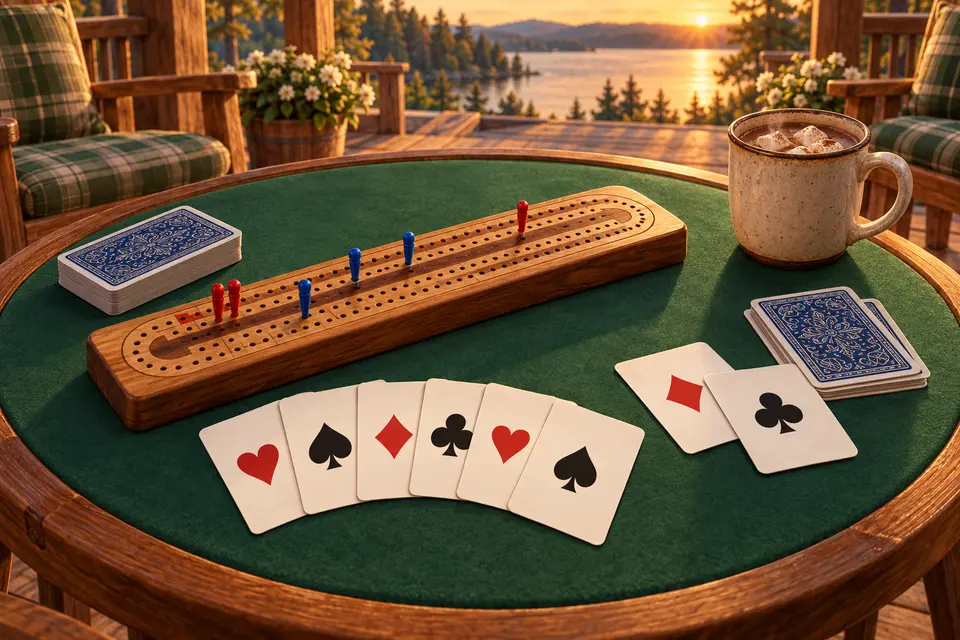 A wooden cribbage board on a green felt table, beside a hand of six face-up cards with two of them slid toward a small face-down crib pile