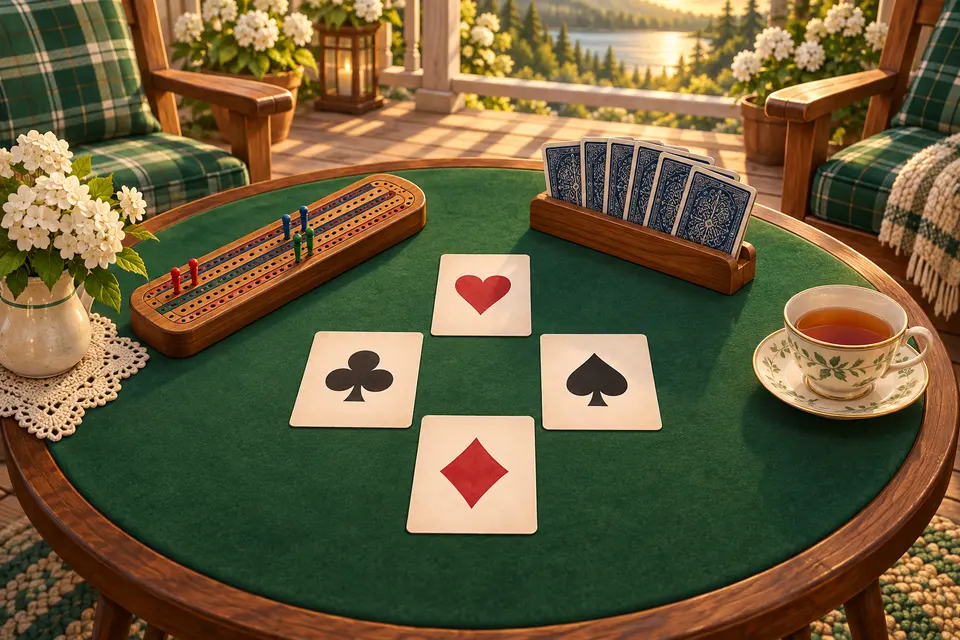 A relaxed card game laid out on a green felt table, with large face-up cards, a cribbage board and a cup of tea