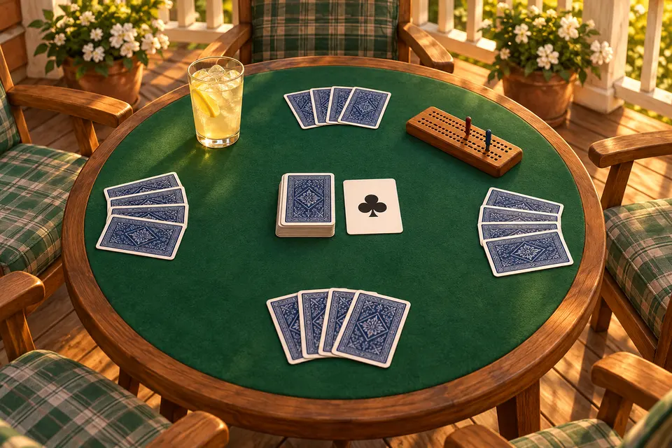 A Euchre hand on a green felt card table, with a face-down kitty and one card turned up showing a large club