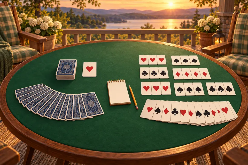 Two rummy games on a green felt card table: a closed hand of cards on one side and face-up melds with a spread discard pile on the other