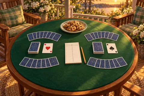 Two games of Gin Rummy side by side on a green felt card table, each with a stock, a discard pile and two hands of cards
