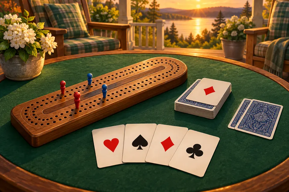A wooden cribbage board with pegs on a green felt table, beside a fanned hand of four cards and a single cut card showing large suit symbols