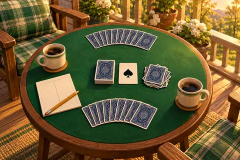 A two-player Spades game on a green felt card table, with a draw pile, a small discard pile and two hands of cards facing each other