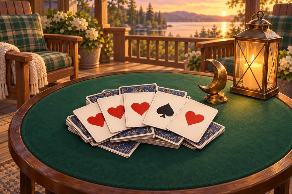 A pile of won tricks on a green felt card table, with heart cards fanned on top and a single spade card among them