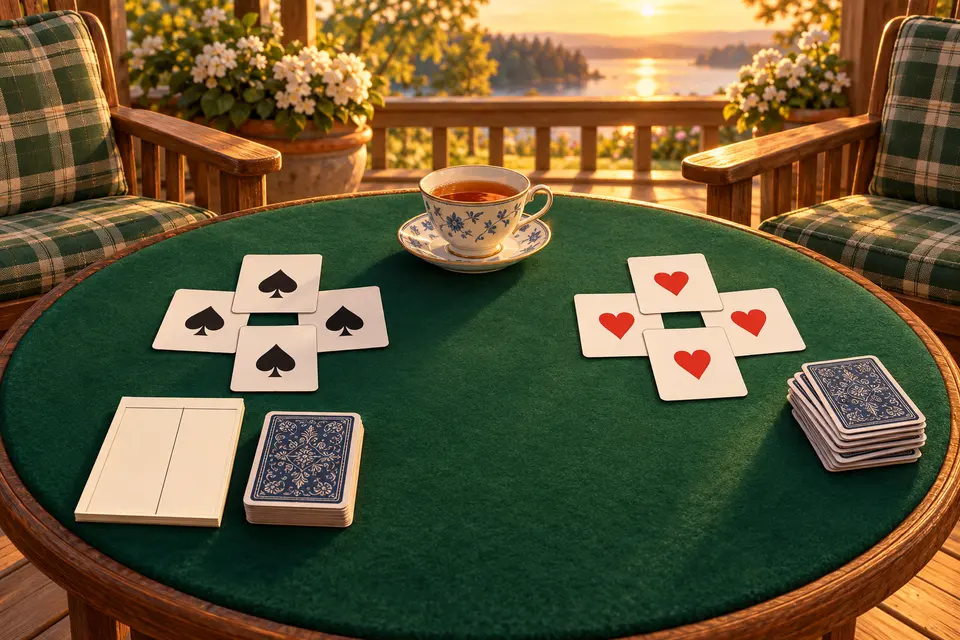A trick of four cards on a green felt card table, with a large spade on one card and hearts on the others