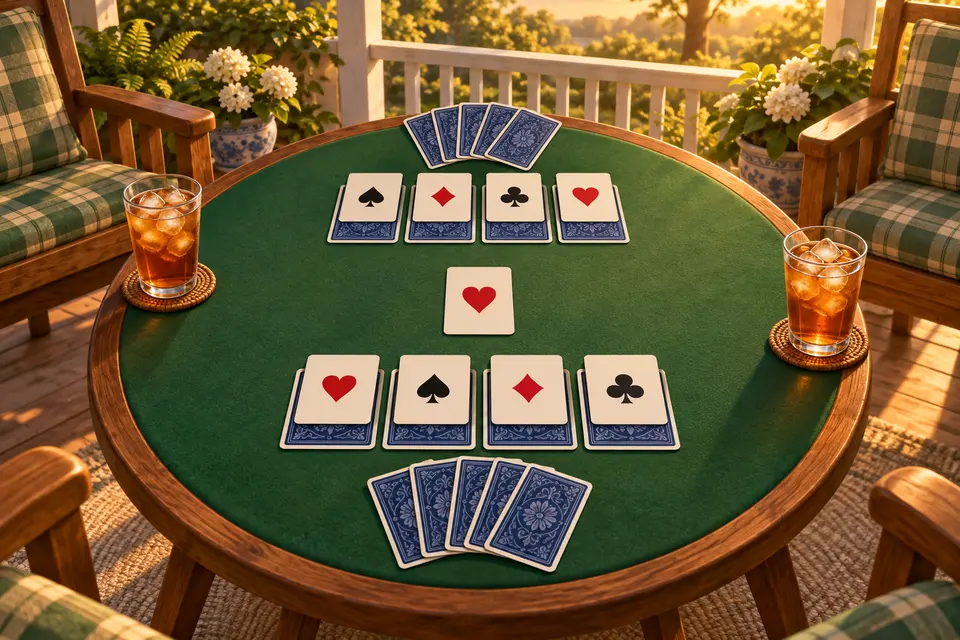 A two-handed Euchre layout on a green felt card table, with a row of face-up cards resting on face-down cards in front of each player